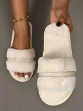 Rhinestone Decor Fuzzy Flat Slippers